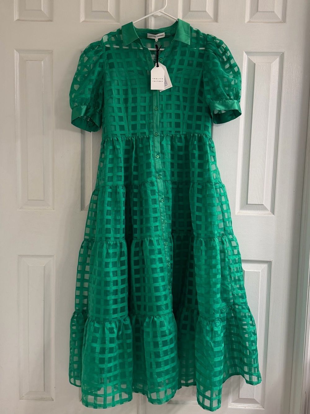 English Factory Gridded Organza Tiered Midi Dress in green, women’s L - Picture 2 of 5